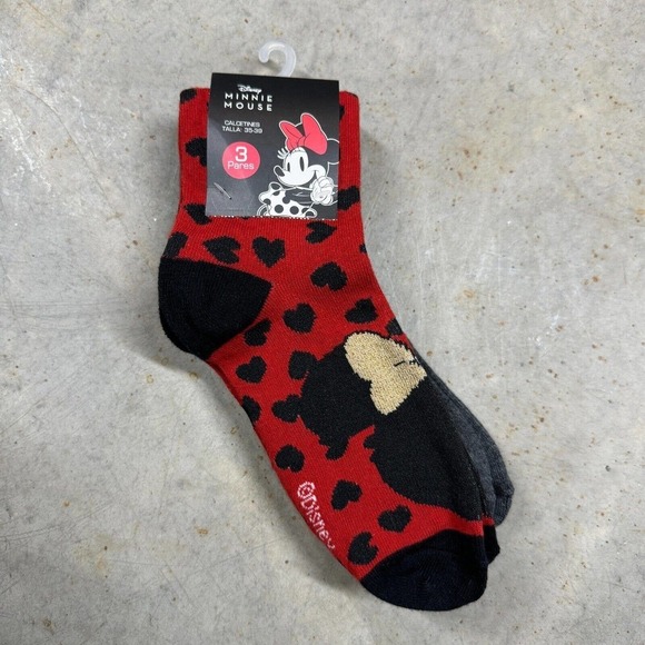 Disney Minnie Mouse 3 Pack Of Socks Womens Size 4-8 Red & Black - Picture 1 of 4